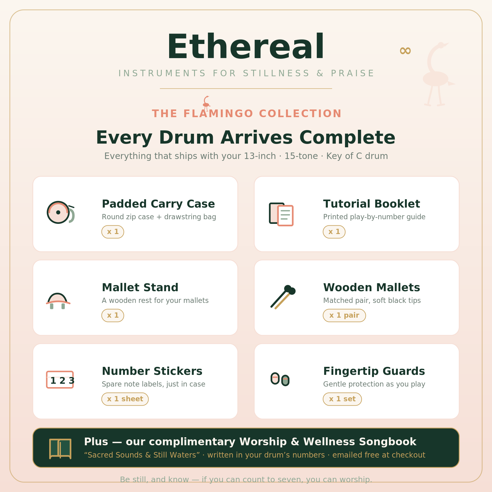 Ethereal Flamingo kit — 13-inch drum, case, tutorial booklet, mallets, stickers, and fingertip guards