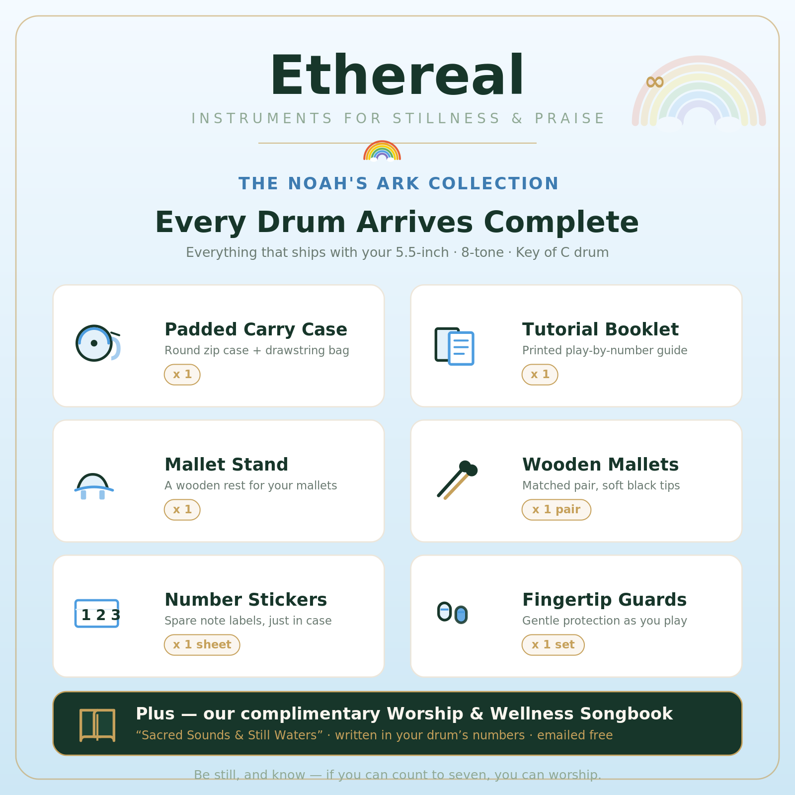 Ethereal Noah's Ark kit — 5.5-inch drum, case, tutorial booklet, mallets, stickers, and fingertip guards