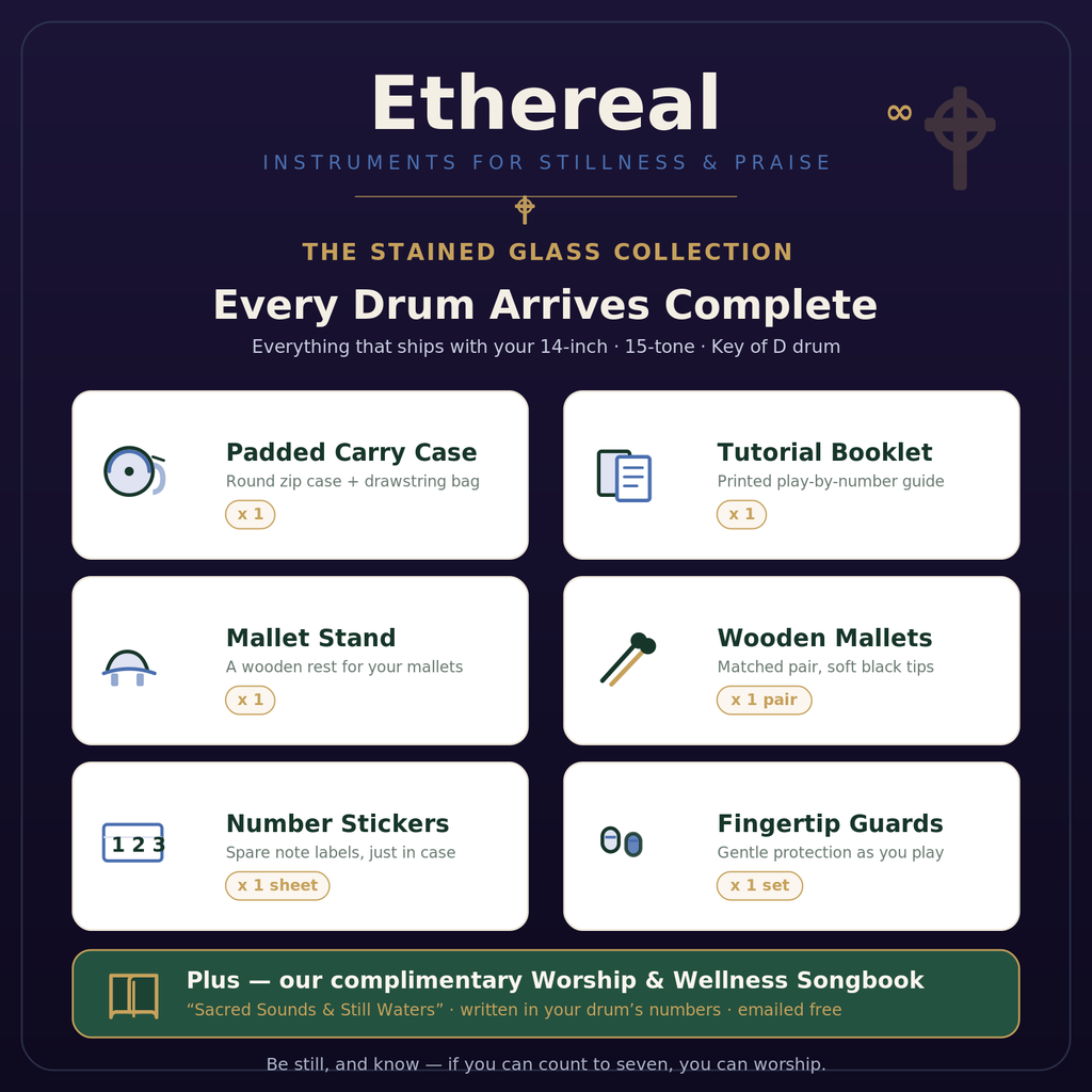 Ethereal Stained Glass kit — 14-inch drum, case, tutorial booklet, mallets, stickers, and fingertip guards