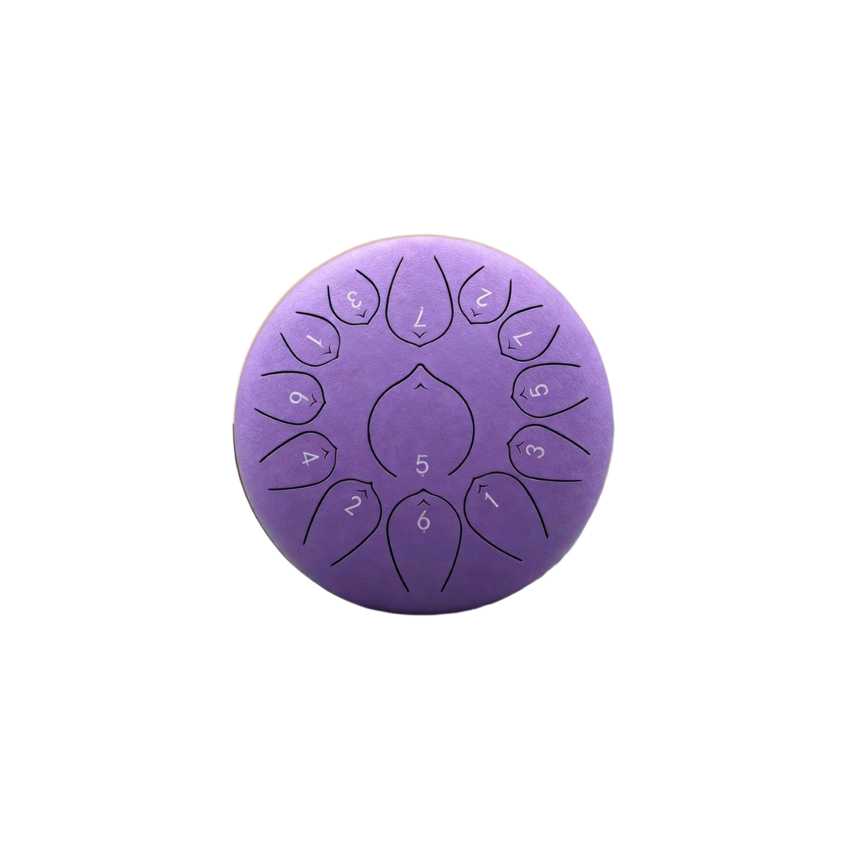 A purple steel pan drum with engraved white numbers 1 through 5 indicating the pitch of each section, shown on a solid white background.