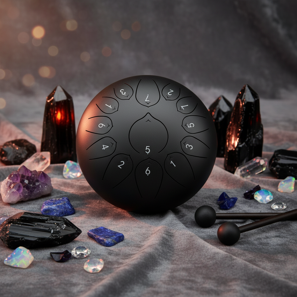 Onyx black Ethereal Gemstones & Crystals steel tongue drum, 10-inch 13-note Key of C, precious-stone scene on velvet