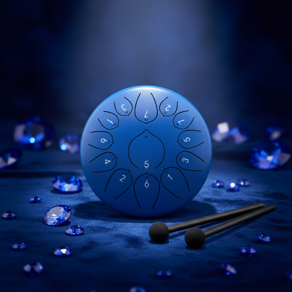 Sapphire blue Ethereal Gemstones & Crystals steel tongue drum, 10-inch 13-note Key of C, precious-stone scene on velvet