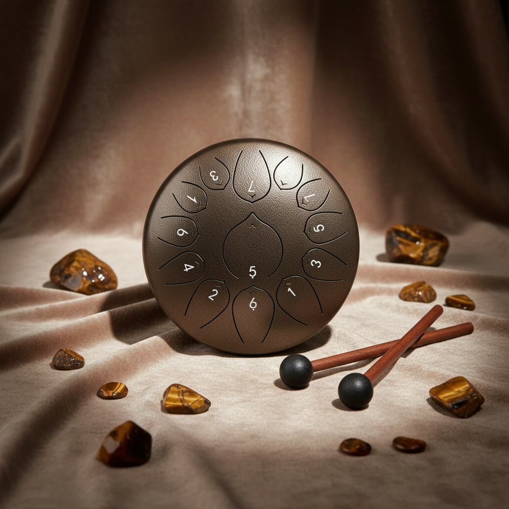 Tiger's Eye bronze Ethereal Gemstones & Crystals steel tongue drum, 10-inch 13-note Key of C, precious-stone scene on velvet