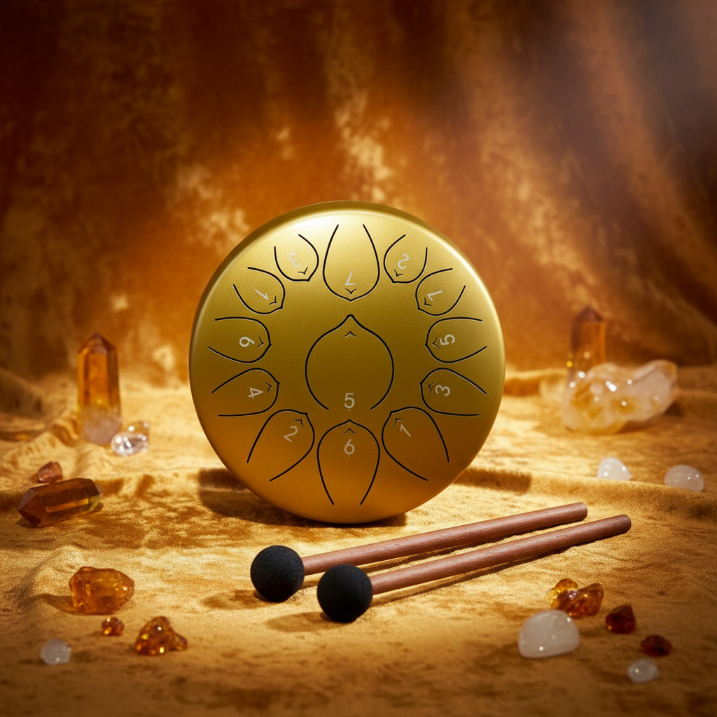 Citrine gold Ethereal Gemstones & Crystals steel tongue drum, 10-inch 13-note Key of C, precious-stone scene on velvet