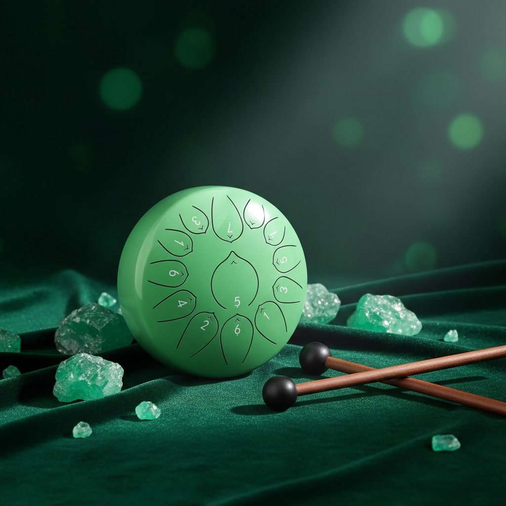 Emerald green Ethereal Gemstones & Crystals steel tongue drum, 10-inch 13-note Key of C, precious-stone scene on velvet