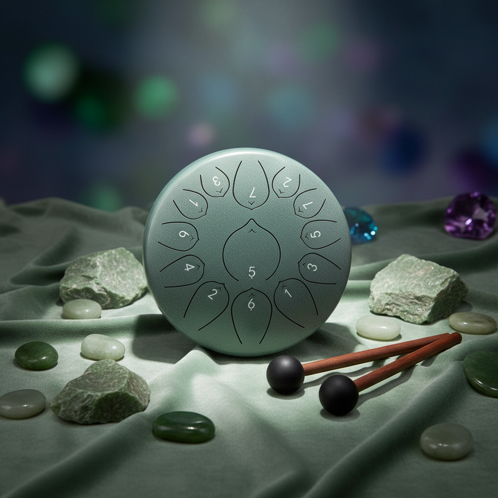 Jade Ethereal Gemstones & Crystals steel tongue drum, 10-inch 13-note Key of C, precious-stone scene on velvet
