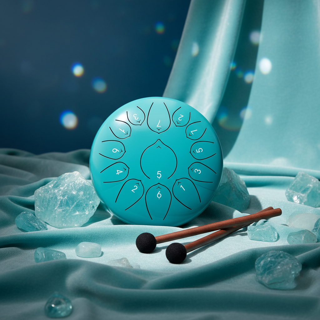 Aquamarine lake-blue Ethereal Gemstones & Crystals steel tongue drum, 10-inch 13-note Key of C, precious-stone scene on velvet