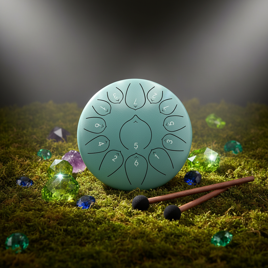 Peridot light-green Ethereal Gemstones & Crystals steel tongue drum, 10-inch 13-note Key of C, precious-stone scene on velvet.
