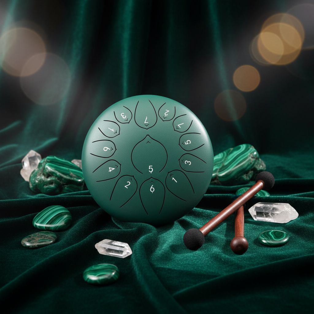 Malachite green Ethereal Gemstones & Crystals steel tongue drum, 10-inch 13-note Key of C, precious-stone scene on velvet