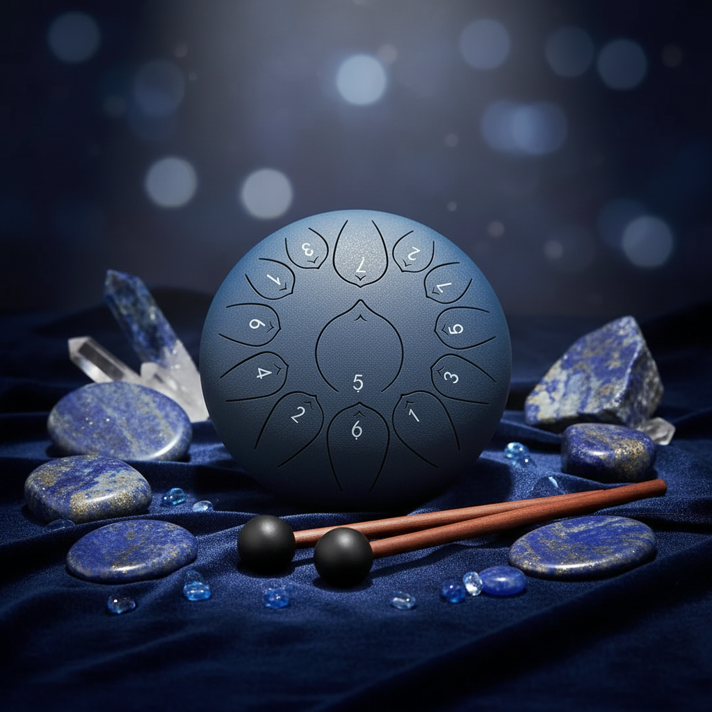 Lapis Lazuli navy Ethereal Gemstones & Crystals steel tongue drum, 10-inch 13-note Key of C, precious-stone scene on velvet