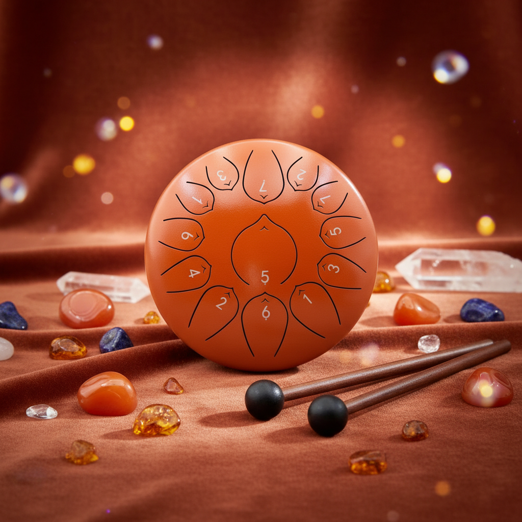 Carnelian orange Ethereal Gemstones & Crystals steel tongue drum, 10-inch 13-note Key of C, precious-stone scene on velvet