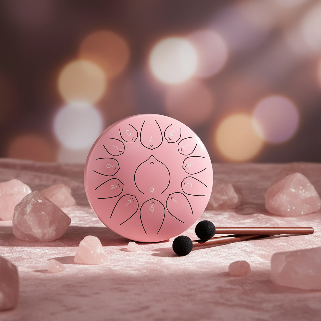 Rose Quartz pink Ethereal Gemstones & Crystals steel tongue drum, 10-inch 13-note Key of C, precious-stone scene on velvet