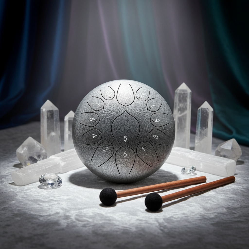 Clear Quartz Silver Ethereal Gemstones & Crystals steel tongue drum, 10-inch 13-note Key of C, precious-stone scene on velvet