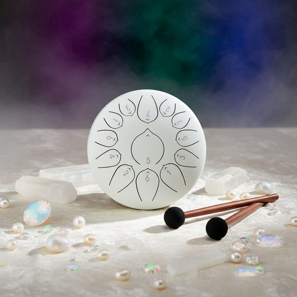 Opal White Ethereal Gemstones & Crystals steel tongue drum, 10-inch 13-note Key of C, precious-stone scene on velvet