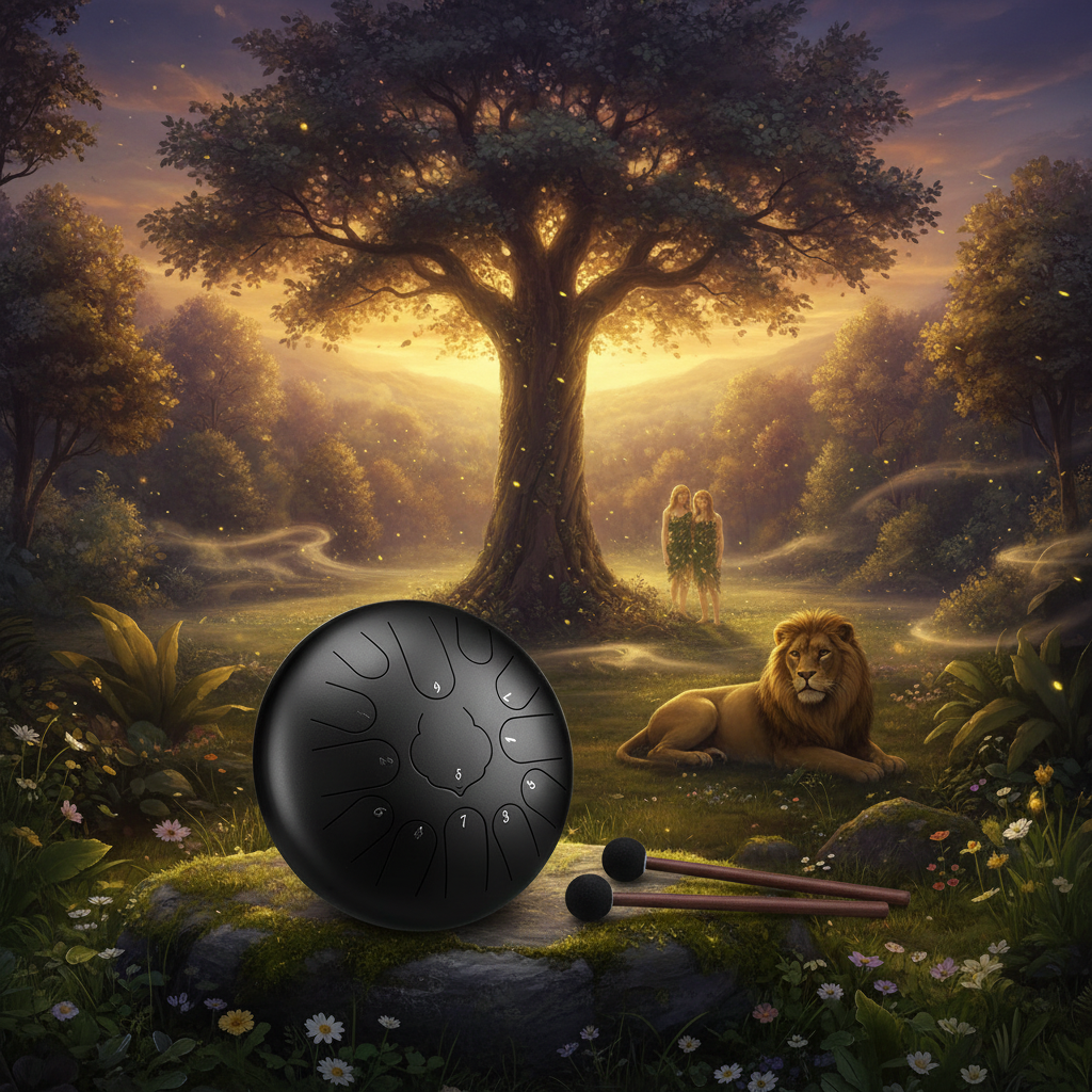 Black Ethereal Garden of Eden steel tongue drum, 12-inch 13-note Key of C, paradise scene