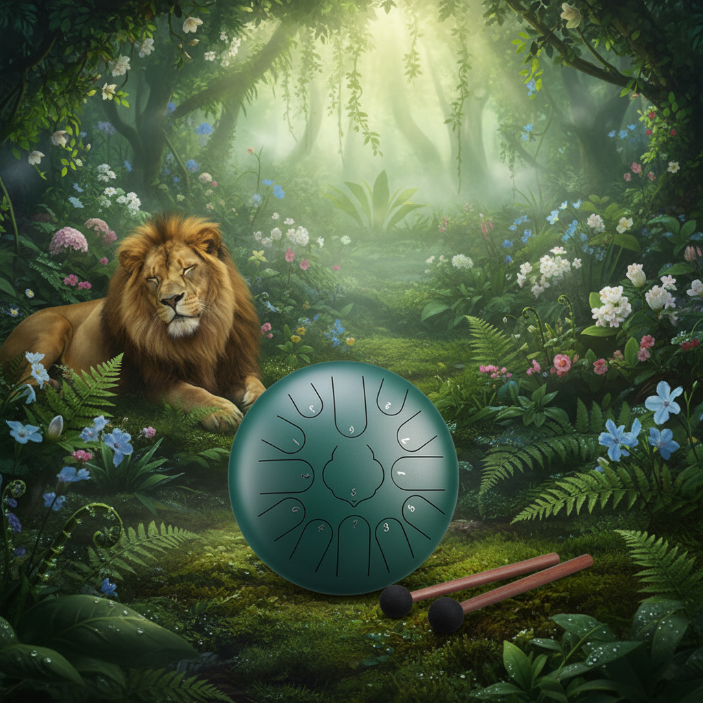 Green Ethereal Garden of Eden steel tongue drum, 12-inch 13-note Key of C, paradise scene