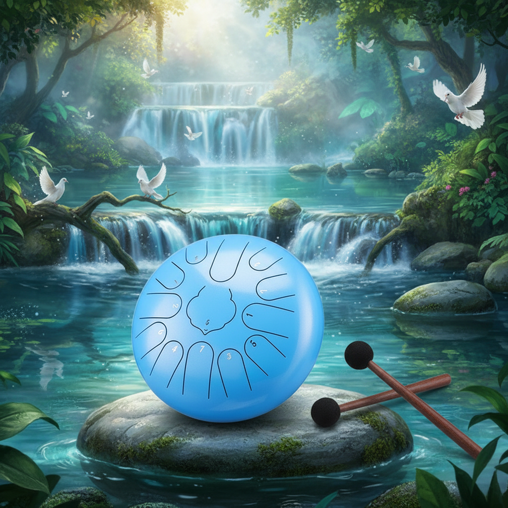 Lake Blue Ethereal Garden of Eden steel tongue drum, 12-inch 13-note Key of C, paradise scene
