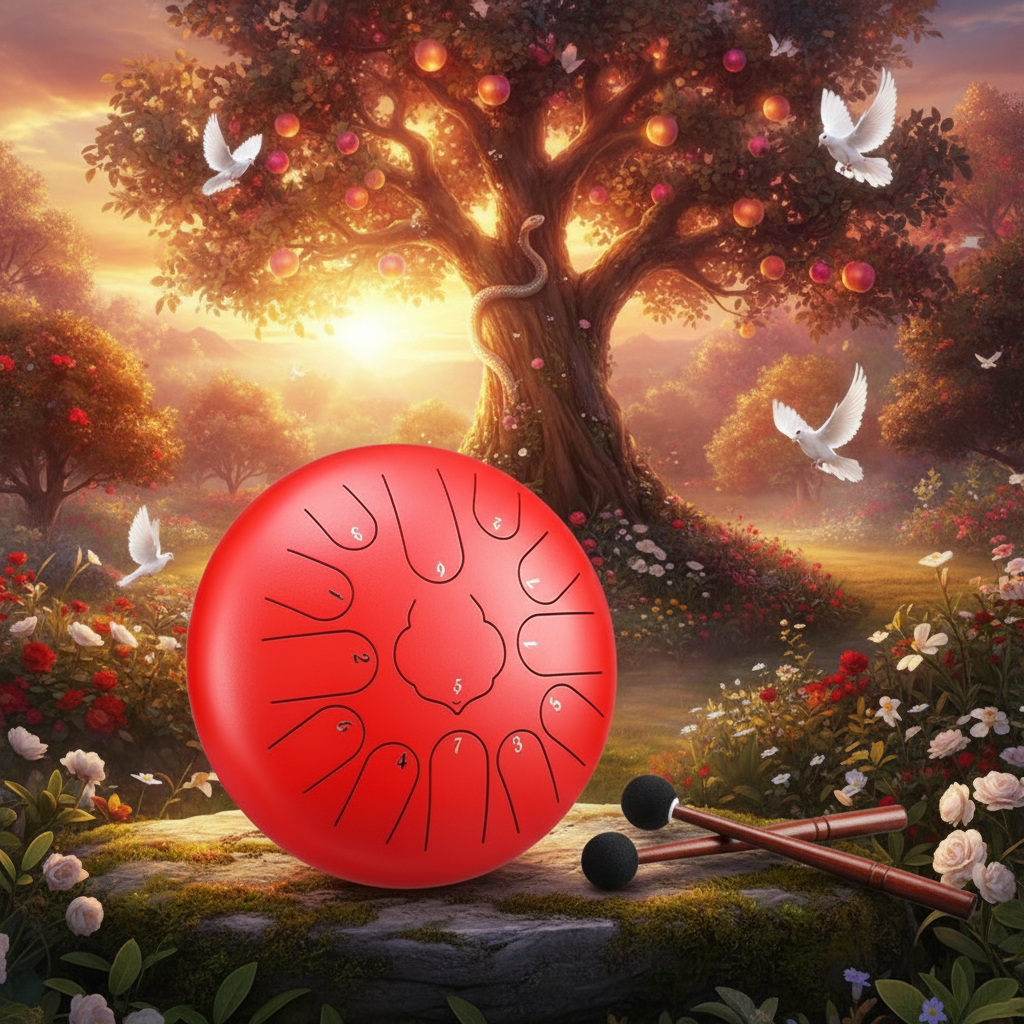 Red Ethereal Garden of Eden steel tongue drum, 12-inch 13-note Key of C, paradise scene