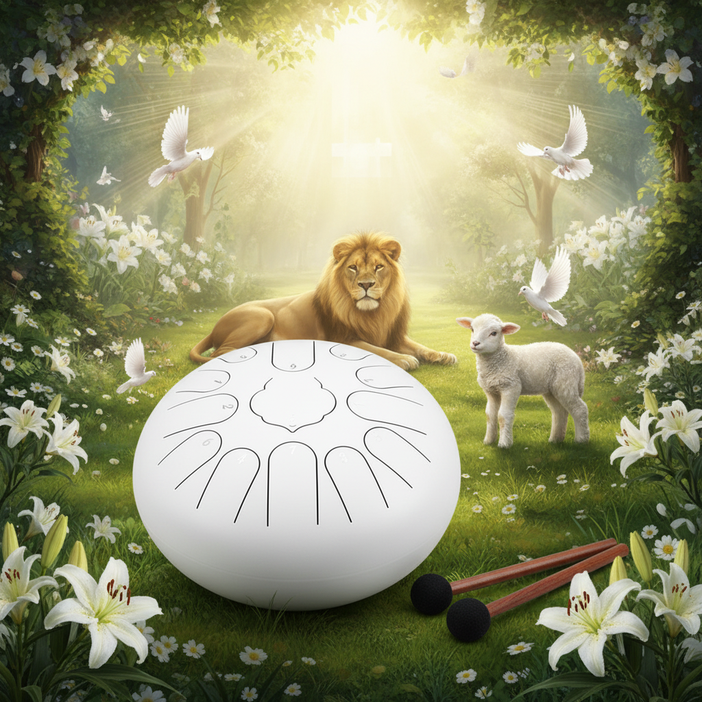 White Ethereal Garden of Eden steel tongue drum, 12-inch 13-note Key of C, paradise scene