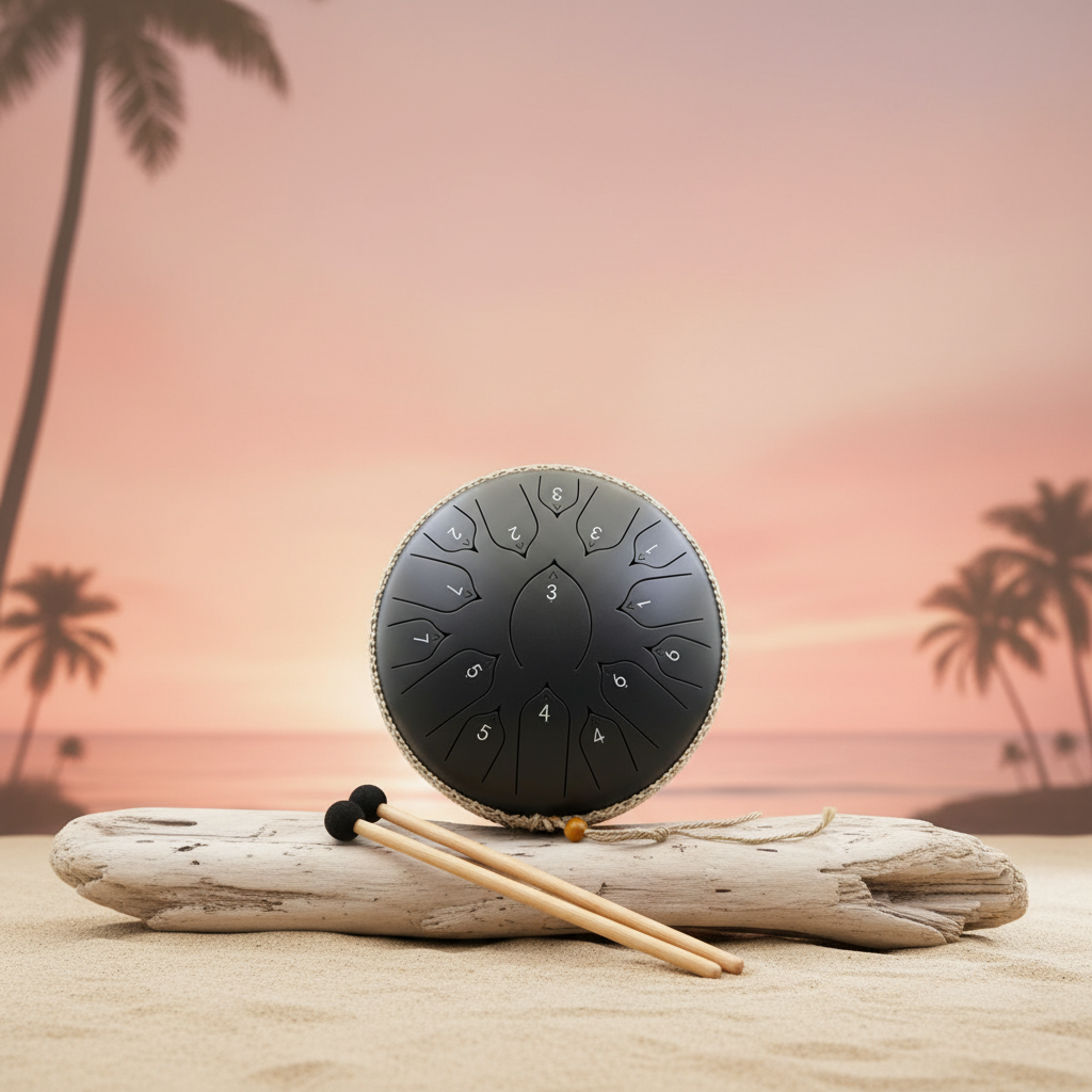 Ethereal Flamingo steel tongue drum, 13-inch 15-note Key of C, tropical coastal scene