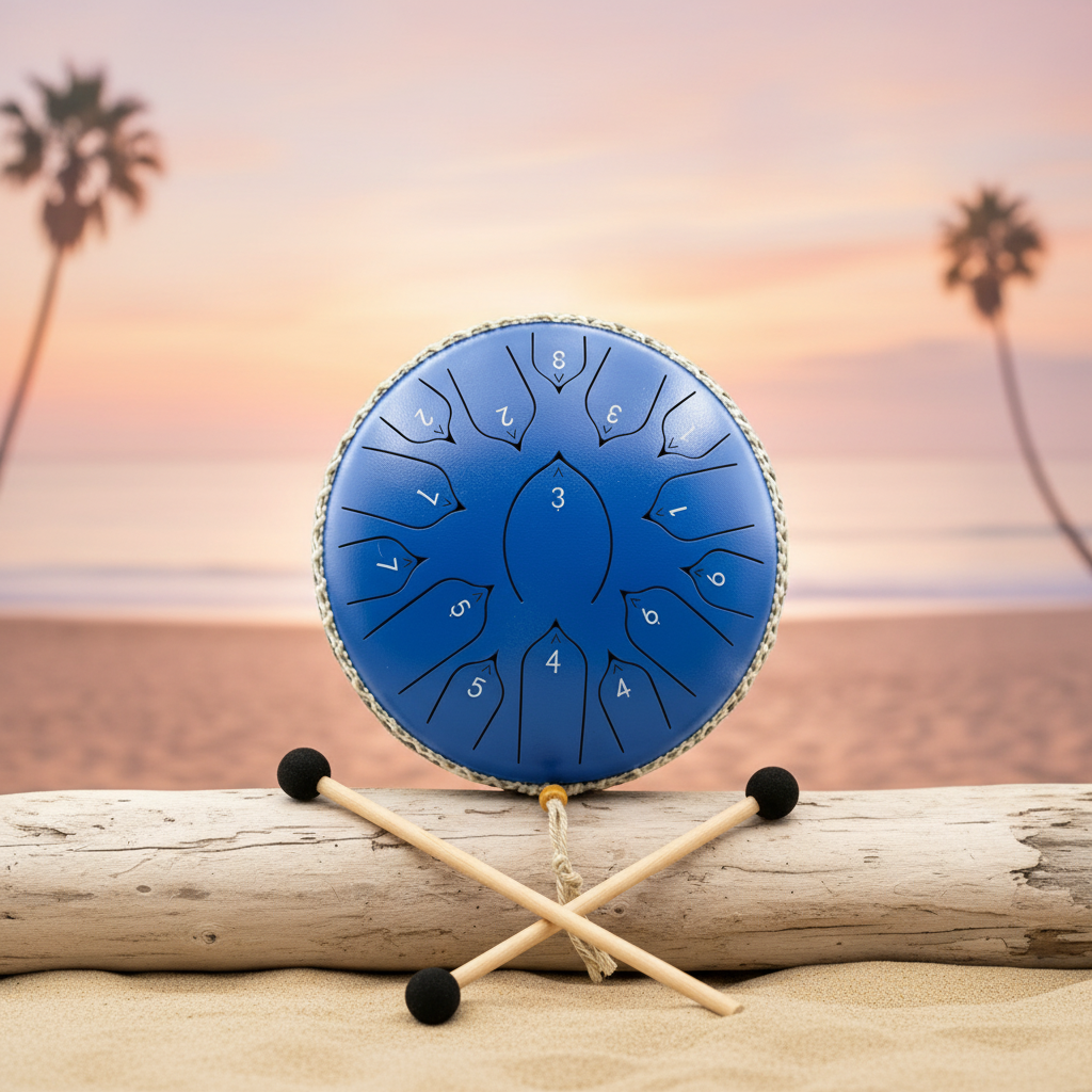 Ethereal Flamingo steel tongue drum, 13-inch 15-note Key of C, tropical coastal scene