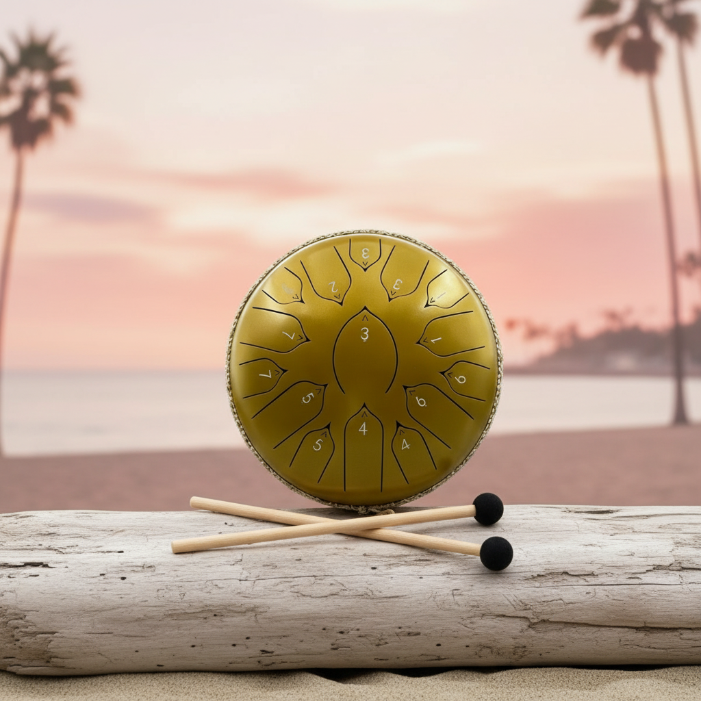 Ethereal Flamingo steel tongue drum, 13-inch 15-note Key of C, tropical coastal scene