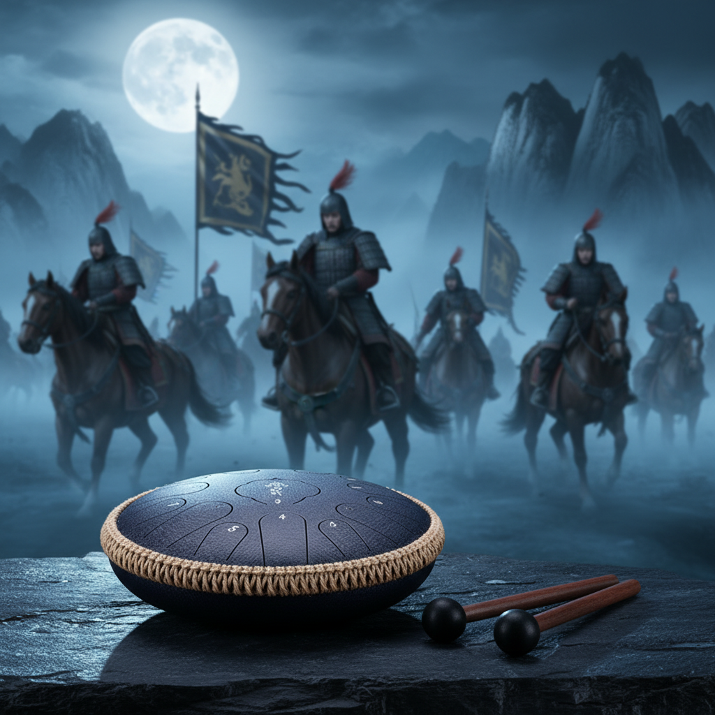 Navy blue Ethereal Samurai steel tongue drum, 13-inch 15-note Key of C, ancient warrior scene