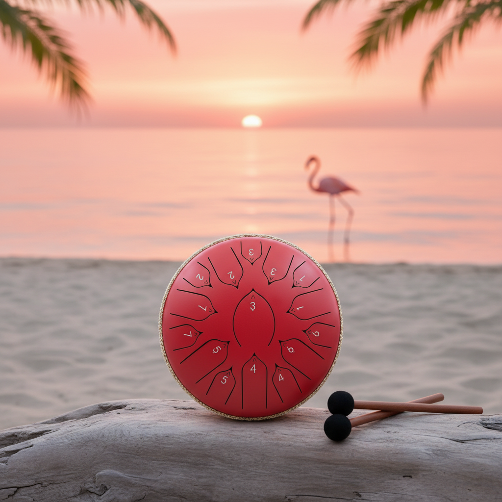 Rose Red Ethereal Flamingo steel tongue drum, 13-inch 15-note Key of C, tropical coastal scene