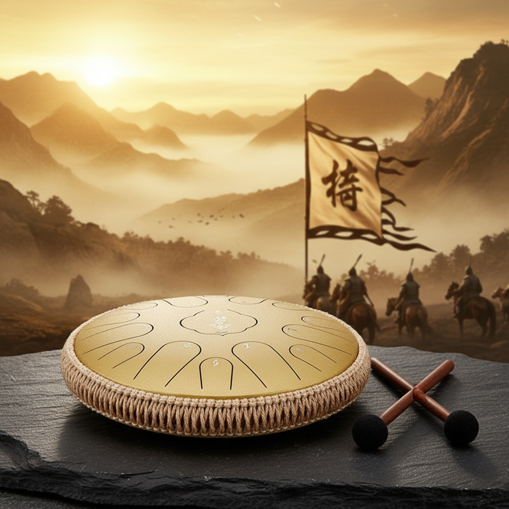 Diamond gold Ethereal Samurai steel tongue drum, 13-inch 15-note Key of C, ancient warrior scene
