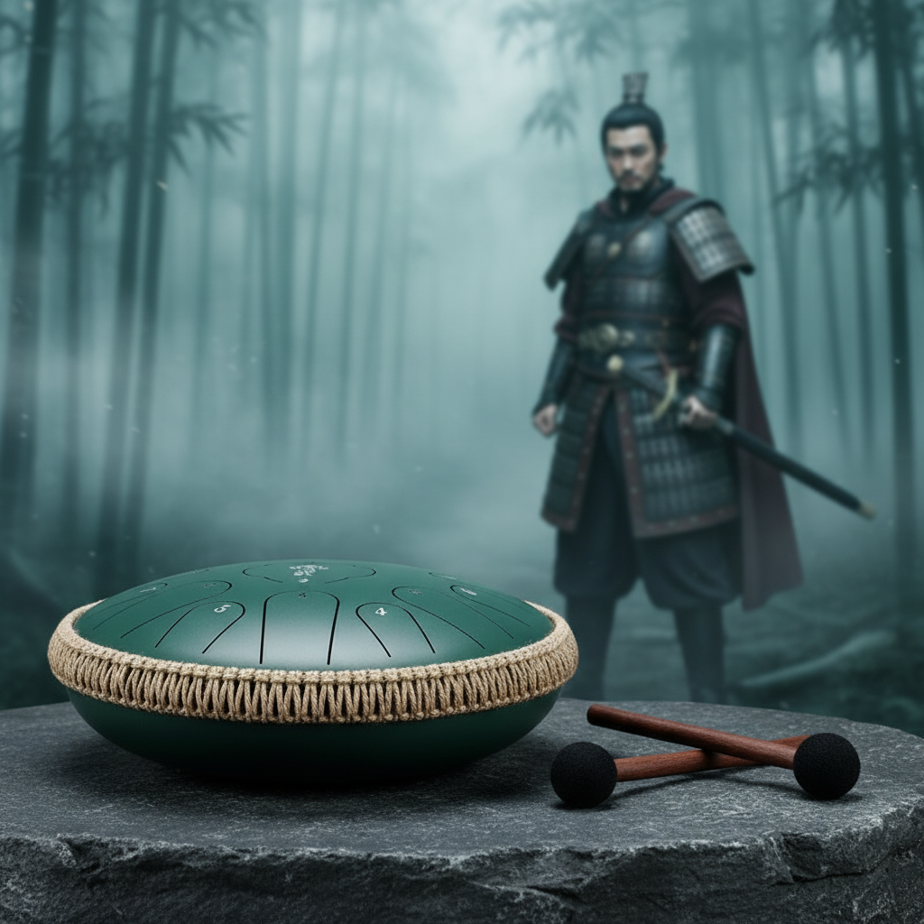 Green Ethereal Samurai steel tongue drum, 13-inch 15-note Key of C, ancient warrior scene