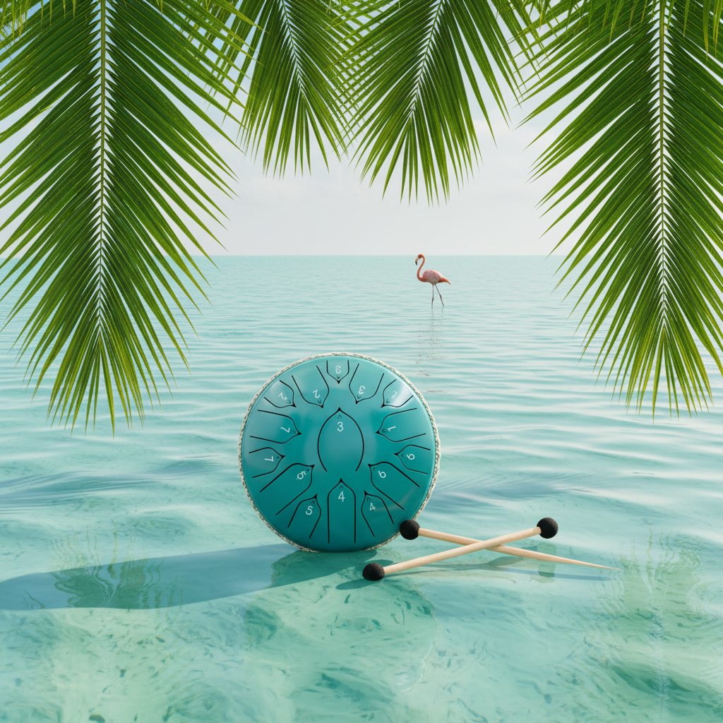 Lake Blue Ethereal Flamingo steel tongue drum, 13-inch 15-note Key of C, tropical coastal scene