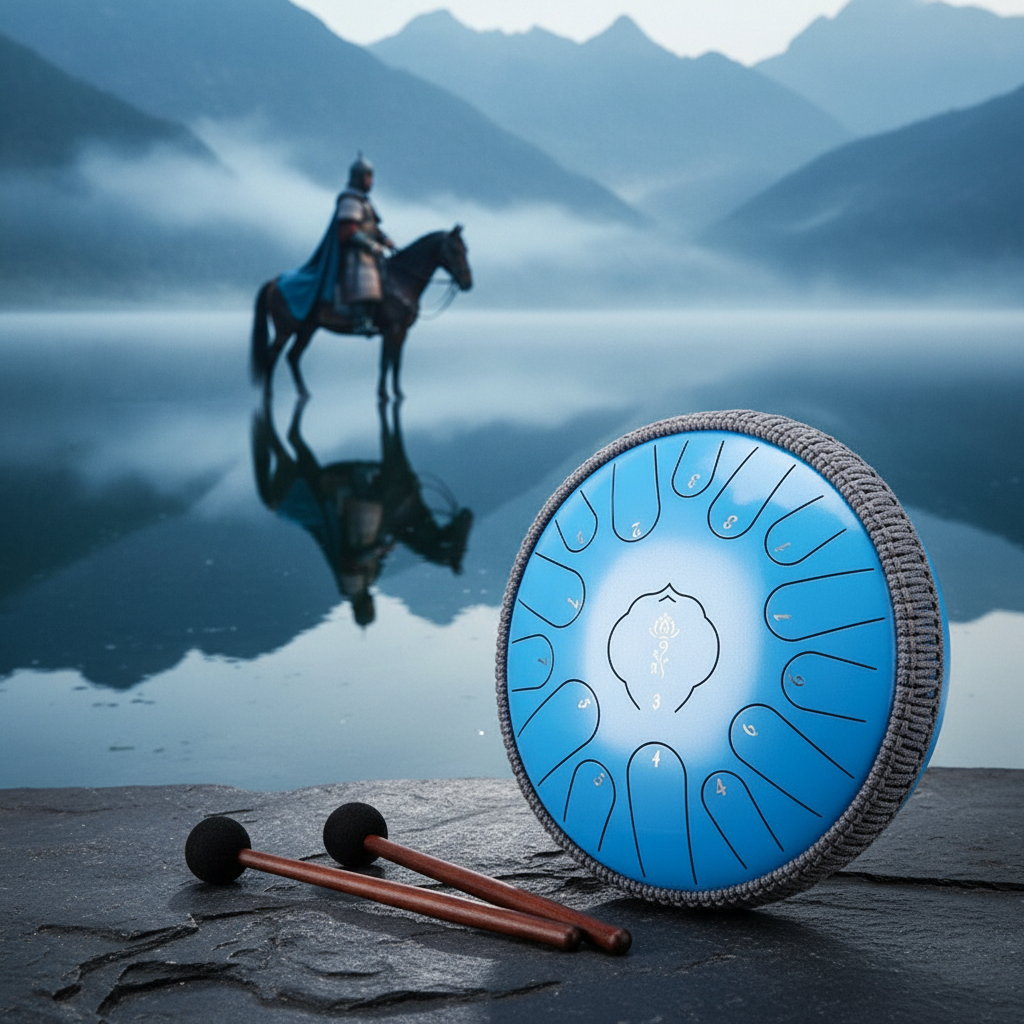 Lake blue Ethereal Samurai steel tongue drum, 13-inch 15-note Key of C, ancient warrior scene