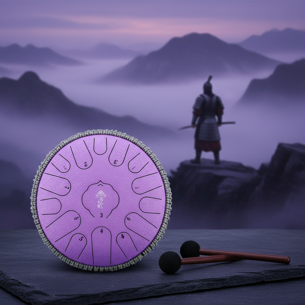 Lavender Ethereal Samurai steel tongue drum, 13-inch 15-note Key of C, ancient warrior scene