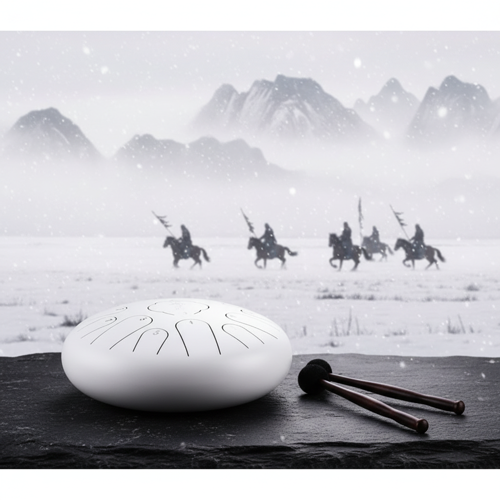 White Ethereal Samurai steel tongue drum, 13-inch 15-note Key of C, ancient warrior scene
