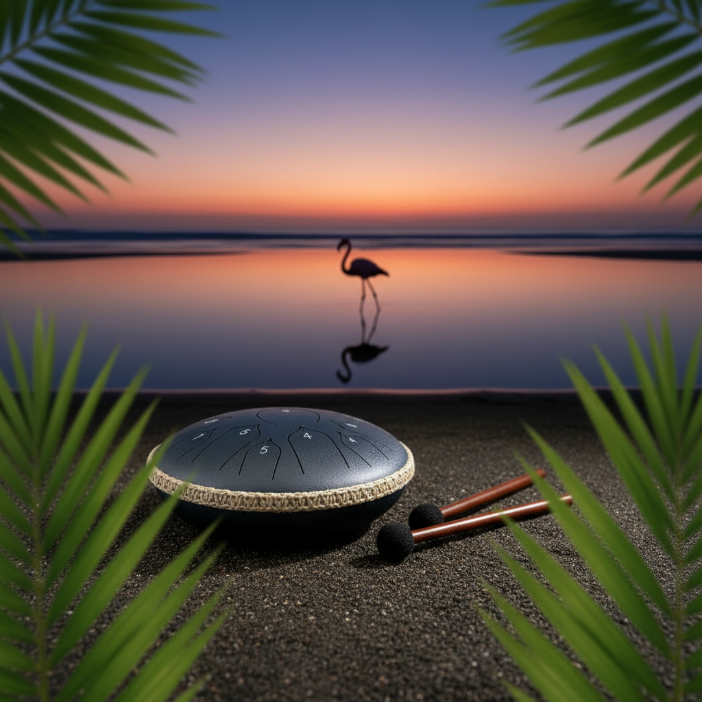 Navy Blue Ethereal Flamingo steel tongue drum, 13-inch 15-note Key of C, tropical coastal scene