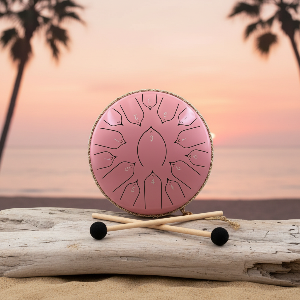 Ethereal Flamingo steel tongue drum, 13-inch 15-note Key of C, tropical coastal scene