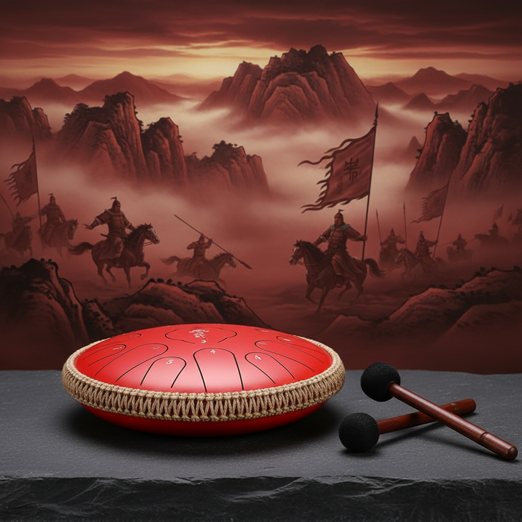 Red Ethereal Samurai steel tongue drum, 13-inch 15-note Key of C, ancient warrior scene