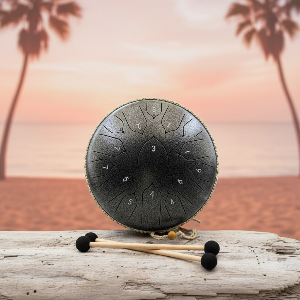 Ethereal Flamingo steel tongue drum, 13-inch 15-note Key of C, tropical coastal scene