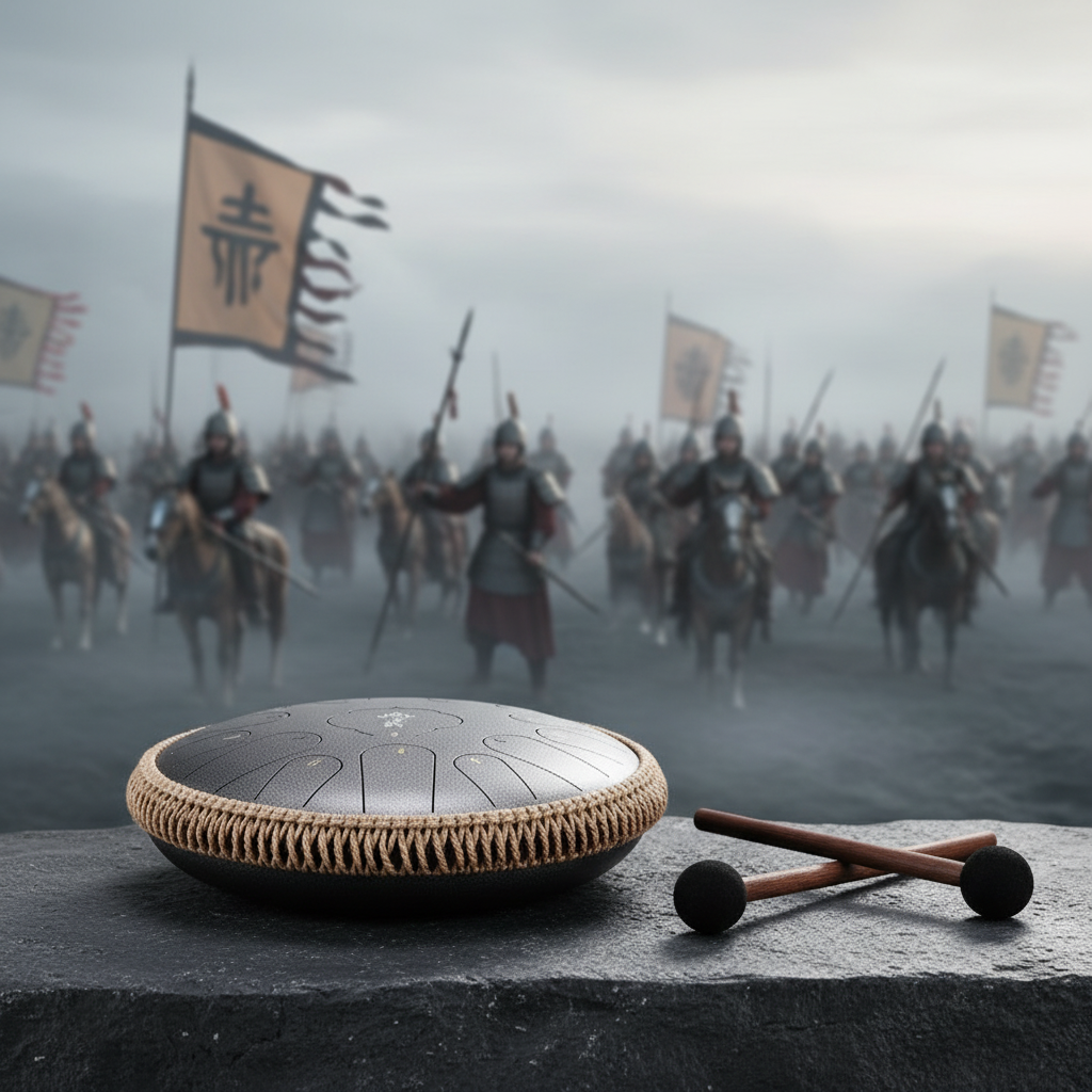 Silver Ethereal Samurai steel tongue drum, 13-inch 15-note Key of C, ancient warrior scene
