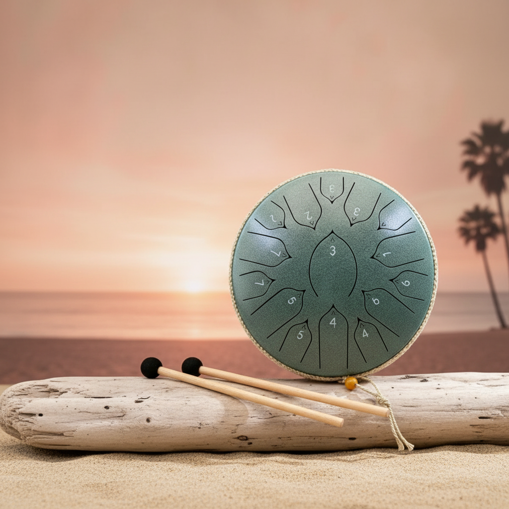 Ethereal Flamingo steel tongue drum, 13-inch 15-note Key of C, tropical coastal scene