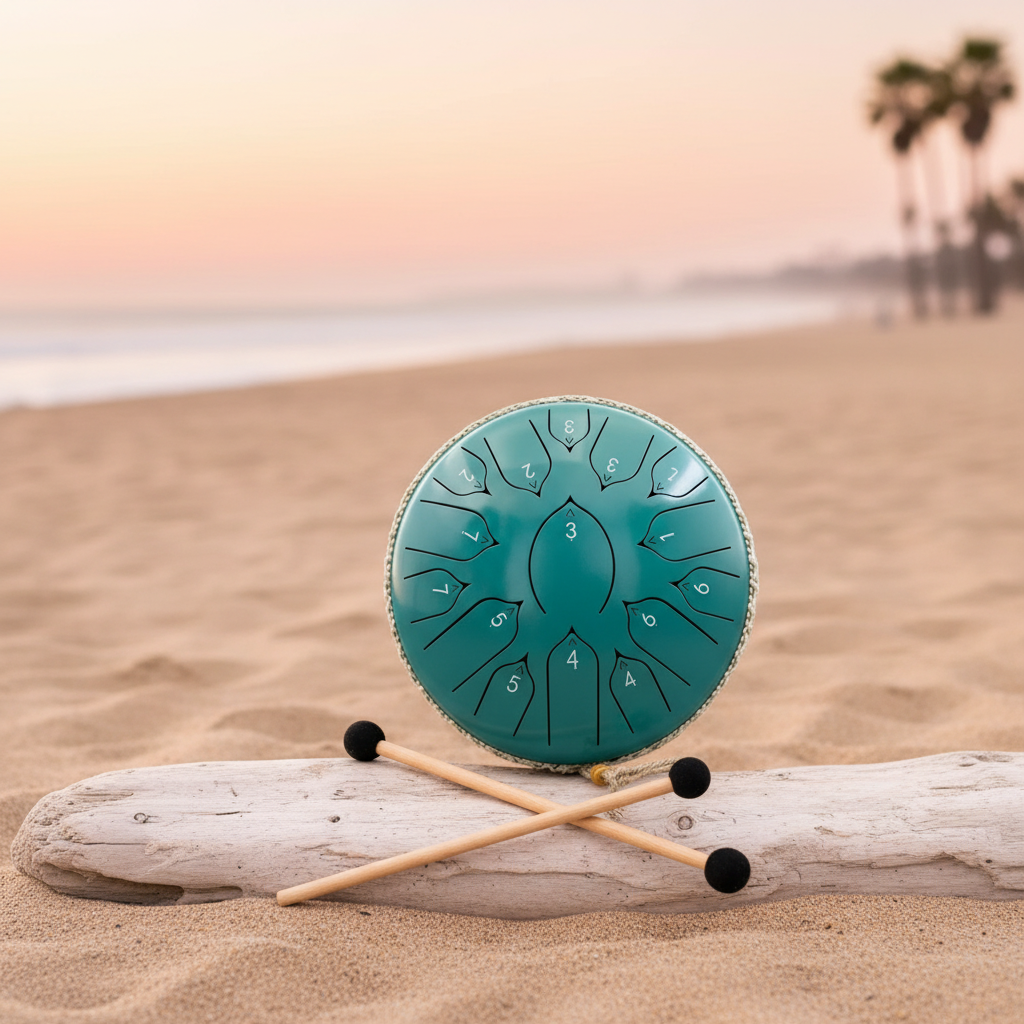 Ethereal Flamingo steel tongue drum, 13-inch 15-note Key of C, tropical coastal scene