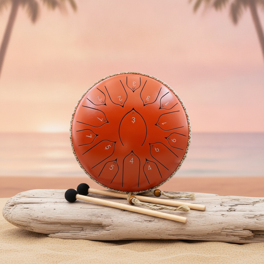Ethereal Flamingo steel tongue drum, 13-inch 15-note Key of C, tropical coastal scene