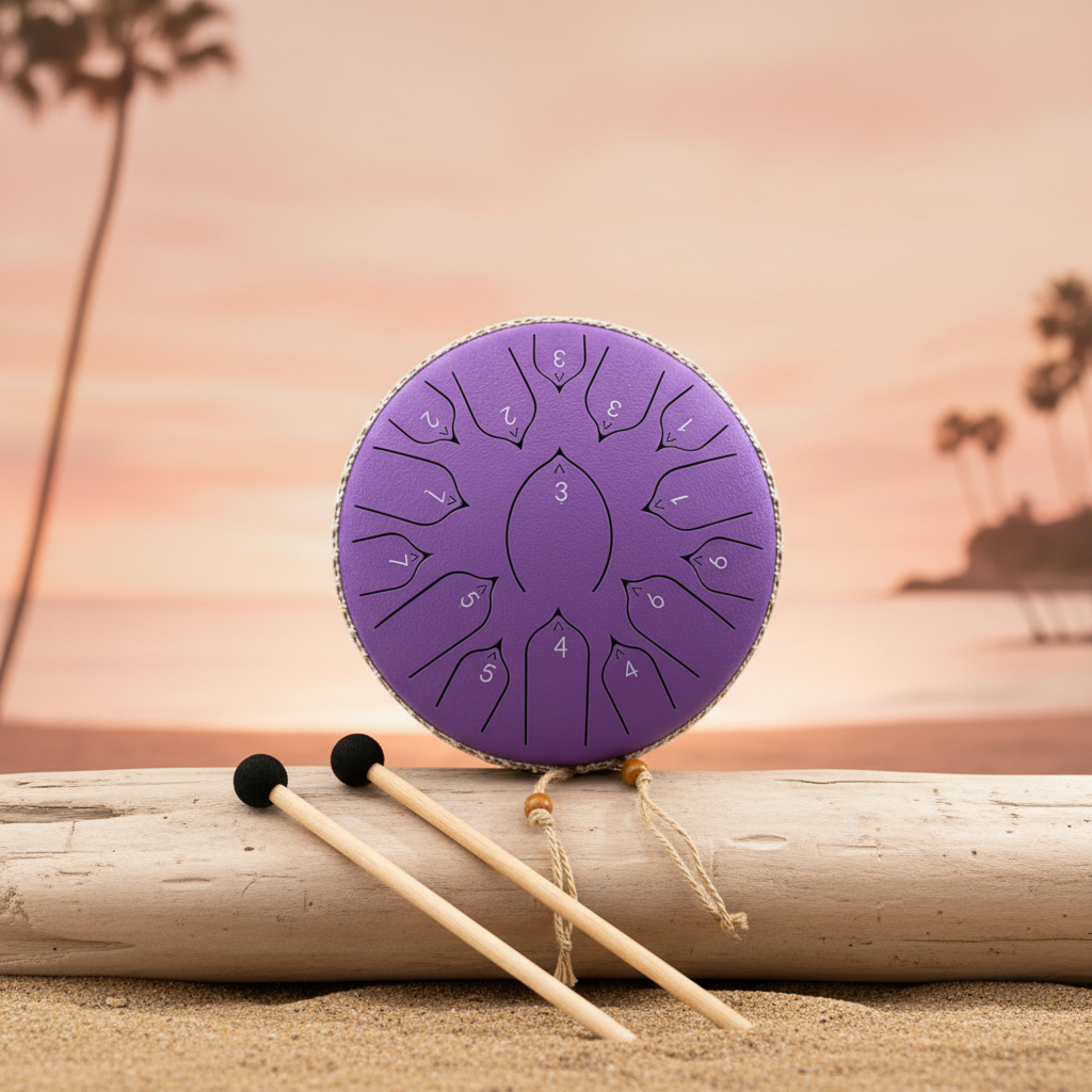 Ethereal Flamingo steel tongue drum, 13-inch 15-note Key of C, tropical coastal scene