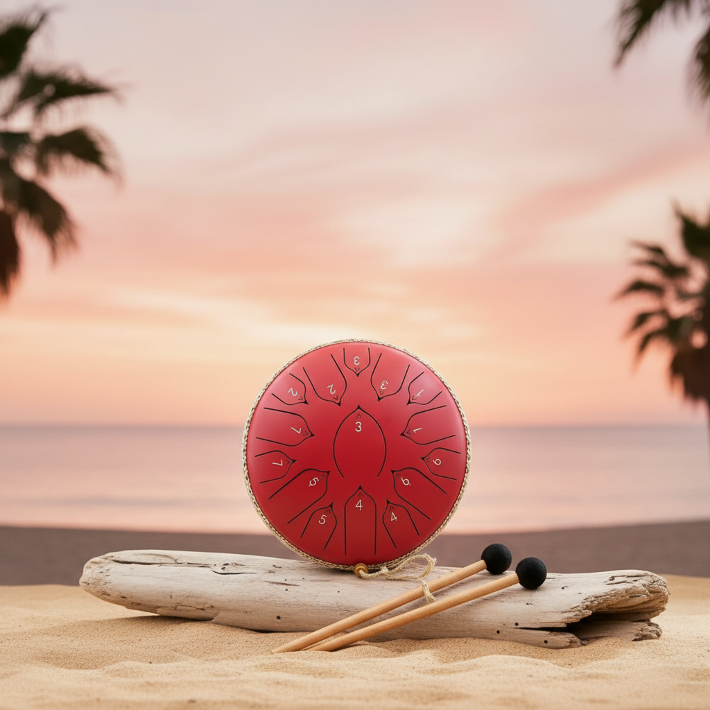 Ethereal Flamingo steel tongue drum, 13-inch 15-note Key of C, tropical coastal scene