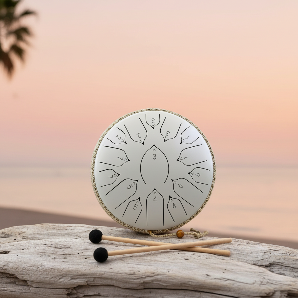 Ethereal Flamingo steel tongue drum, 13-inch 15-note Key of C, tropical coastal scene