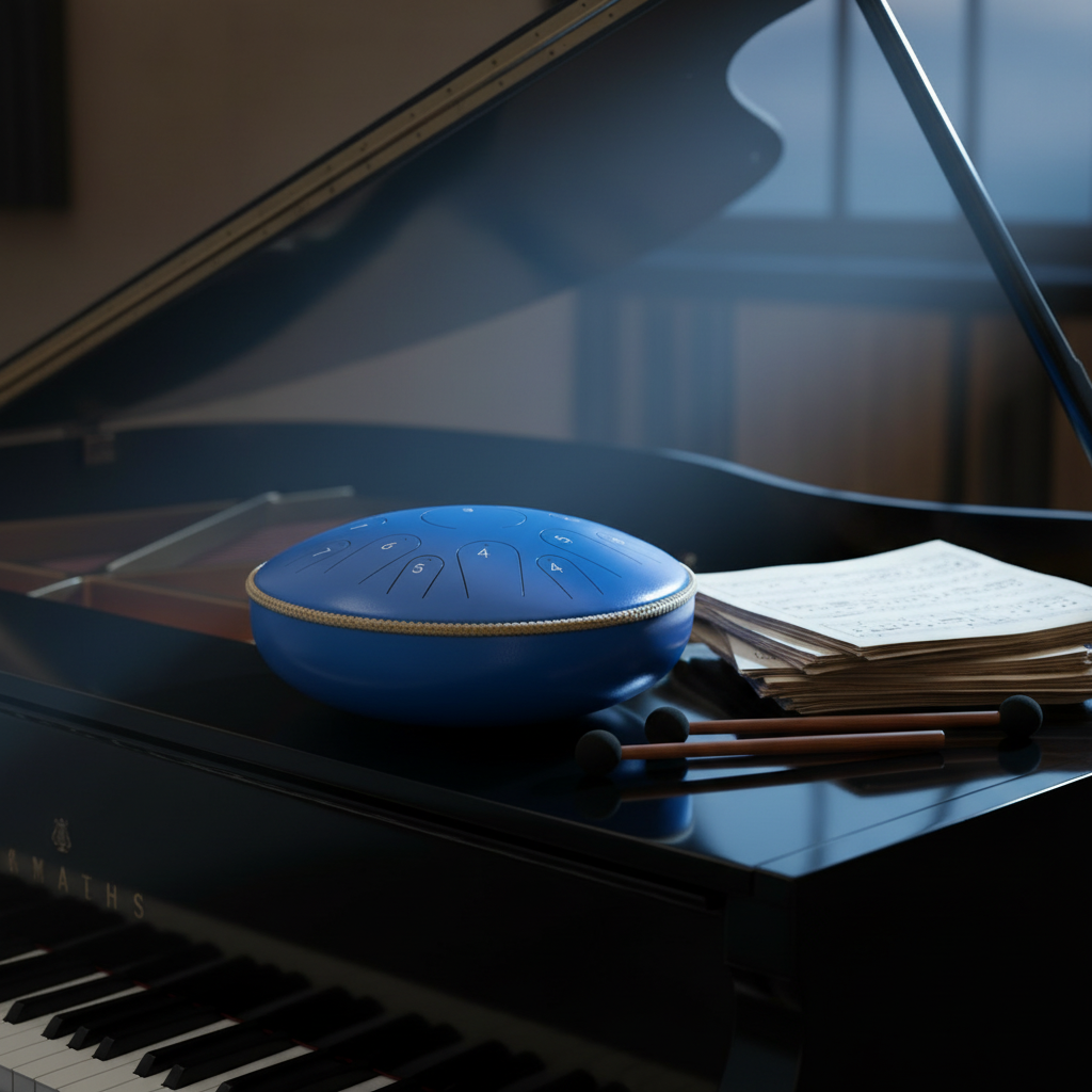 Blue Ethereal Instrument Circle steel tongue drum, 14-inch 15-note Key of C, grand piano music-studio scene