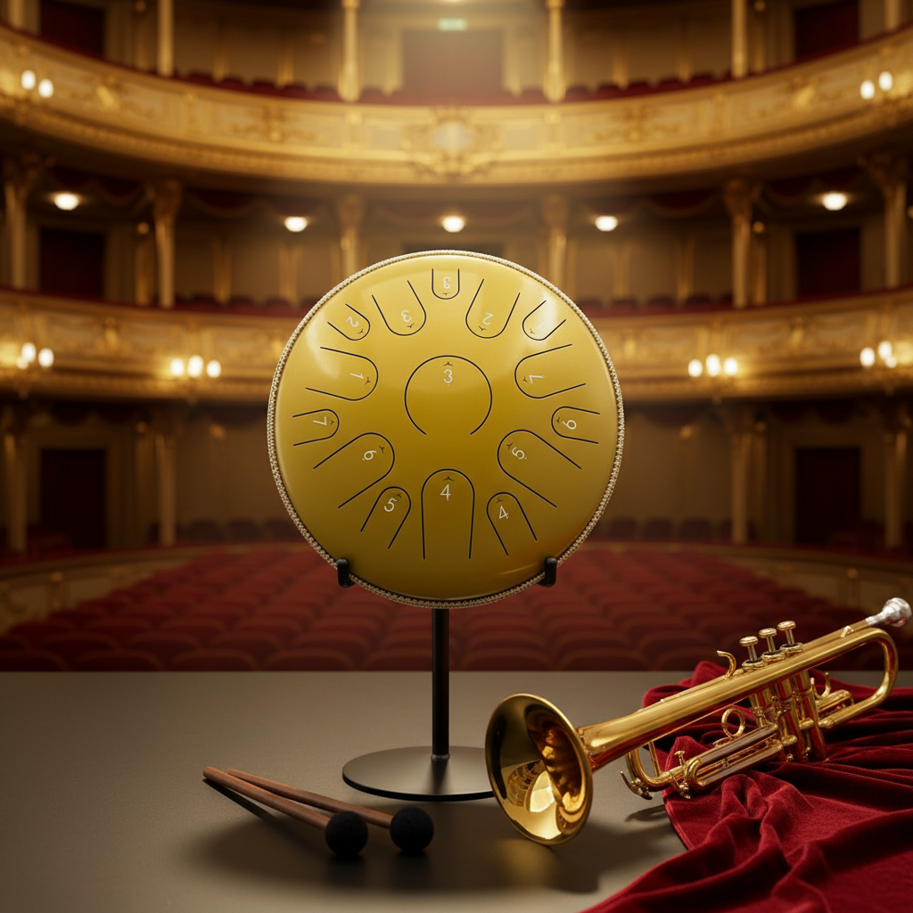 Gold Ethereal Instrument Circle steel tongue drum, 14-inch 15-note Key of C, trumpet golden concert-hall scene