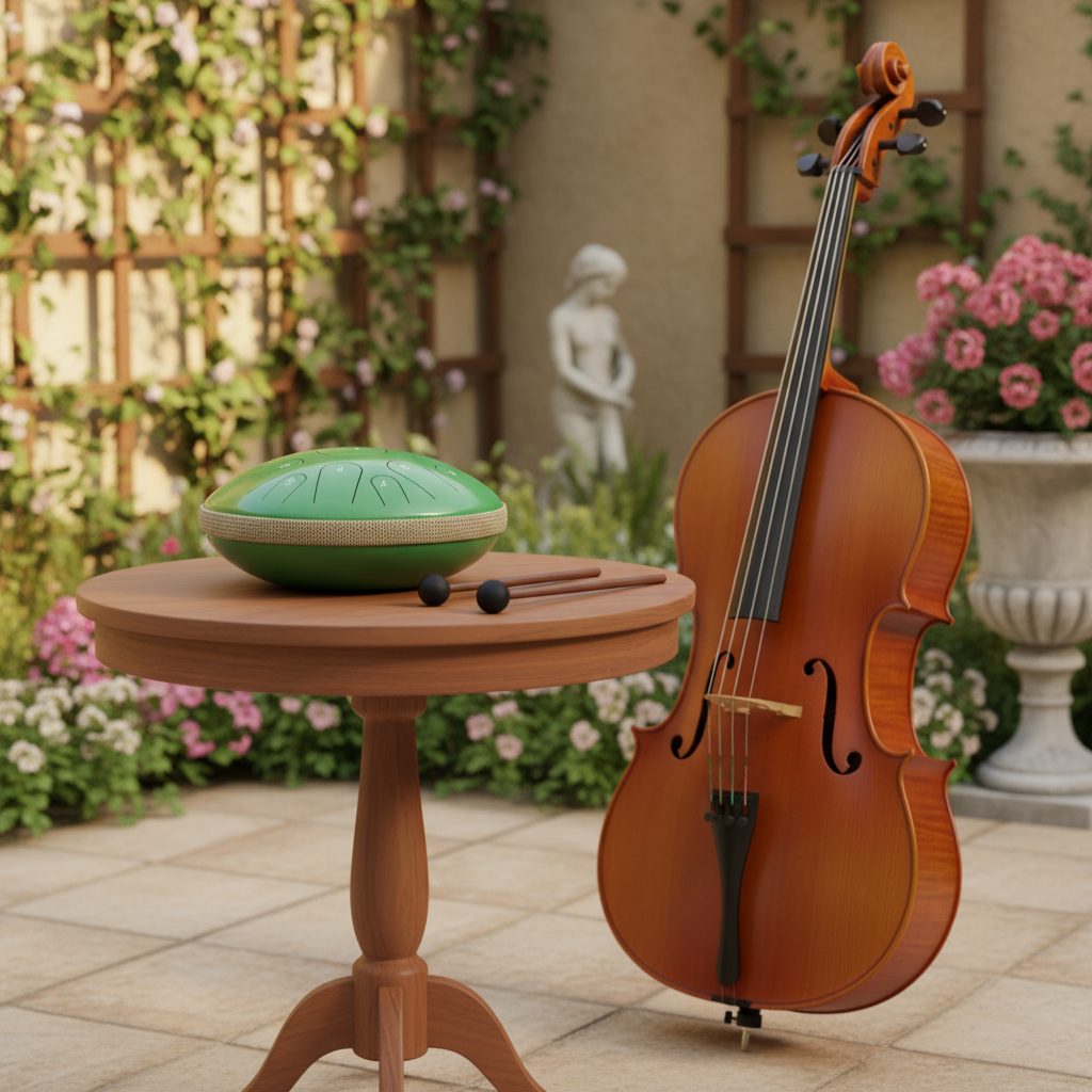 Green Ethereal Instrument Circle steel tongue drum, 14-inch 15-note Key of C, cello sunlit-park scene