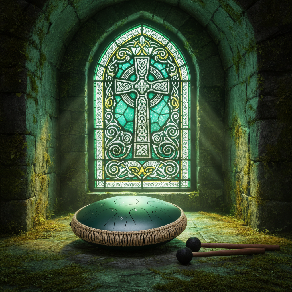 Green Ethereal Stained Glass steel tongue drum, 14-inch 15-note Key of D, cathedral scene