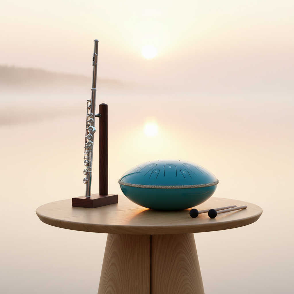 Lake blue Ethereal Instrument Circle steel tongue drum, 14-inch 15-note Key of C, flute lakeside-dawn scene